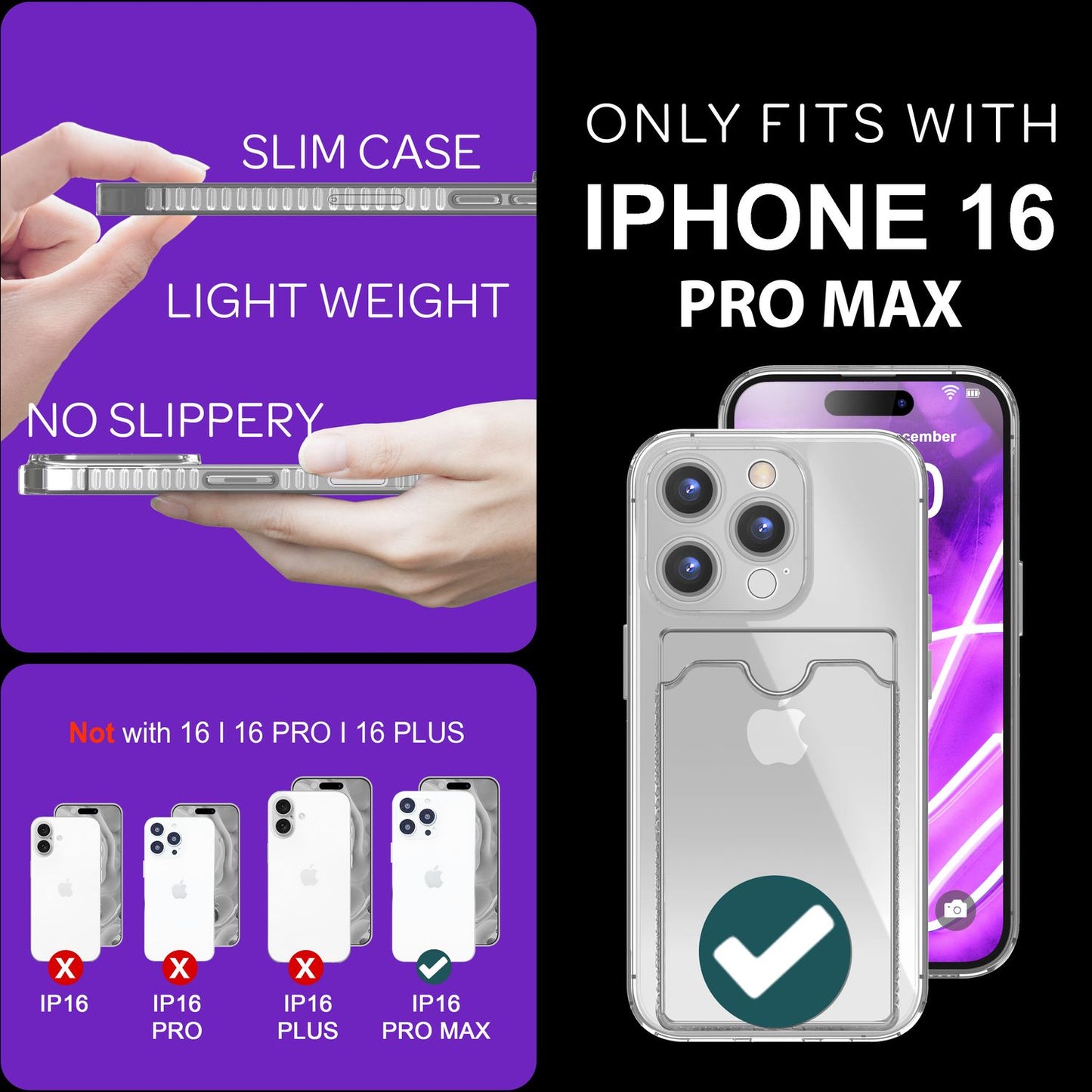 Husă NALIA transparentă neon pentru carduri - Capacitate 2 carduri, Dimensiuni compatibile cu iPhone 16 Pro Max, Culoare neon transparent