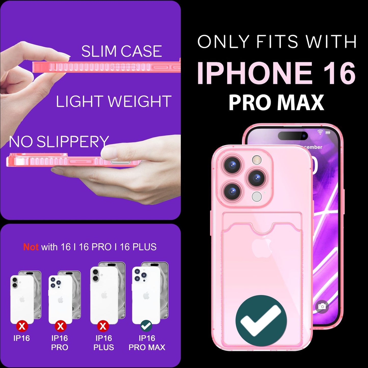 Husă NALIA transparentă neon pentru carduri - Capacitate 2 carduri, Dimensiuni compatibile cu iPhone 16 Pro Max, Culoare neon transparent