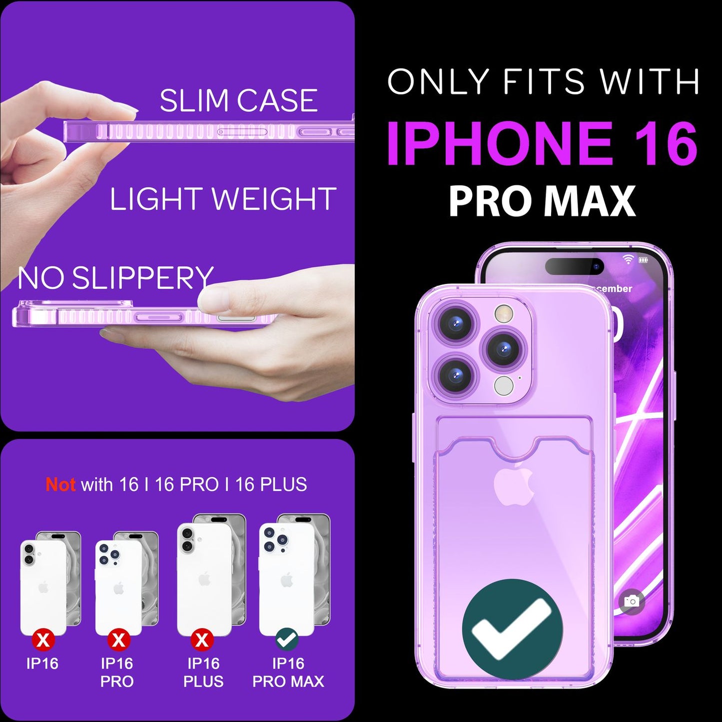 Husă NALIA transparentă neon pentru carduri - Capacitate 2 carduri, Dimensiuni compatibile cu iPhone 16 Pro Max, Culoare neon transparent