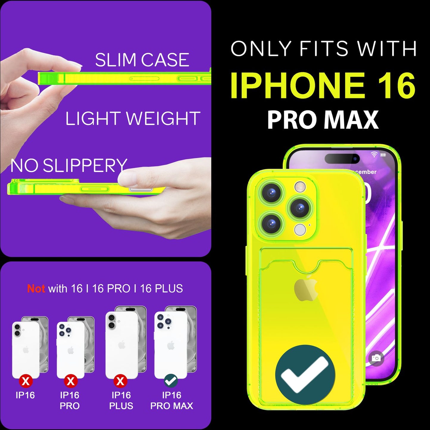 Husă NALIA transparentă neon pentru carduri - Capacitate 2 carduri, Dimensiuni compatibile cu iPhone 16 Pro Max, Culoare neon transparent