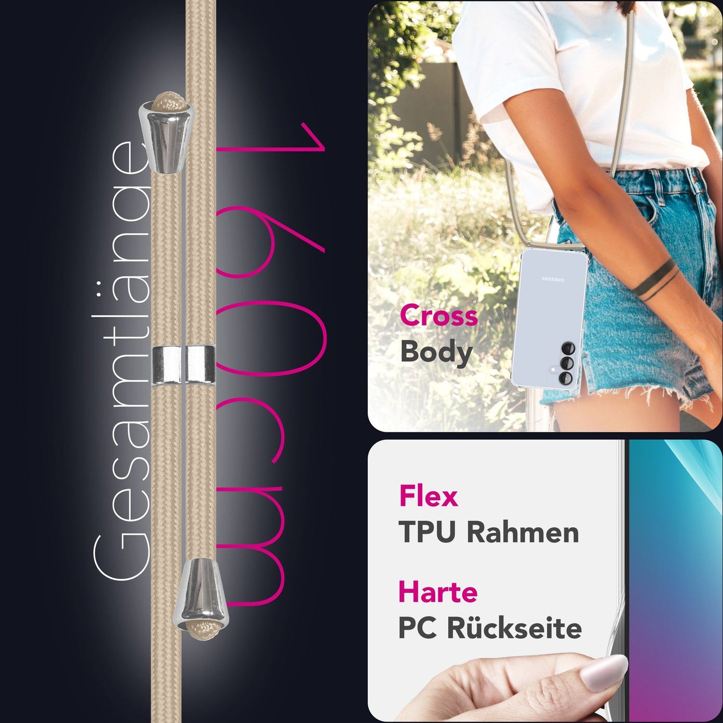 NALIA Hangit Verstellbare Handykette - Für Galaxy S25 Plus, Harte Transparente Hülle, Crossbody Schutzband