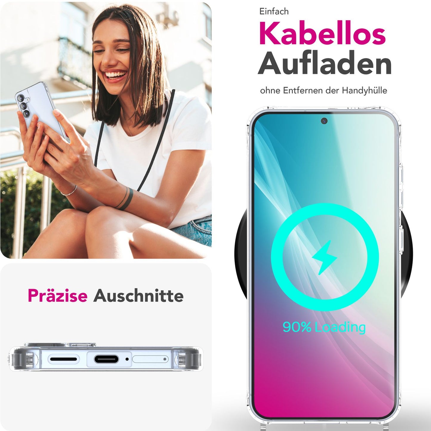NALIA Hangit Verstellbare Handykette - Für Galaxy S25 Plus, Harte Transparente Hülle, Crossbody Schutzband