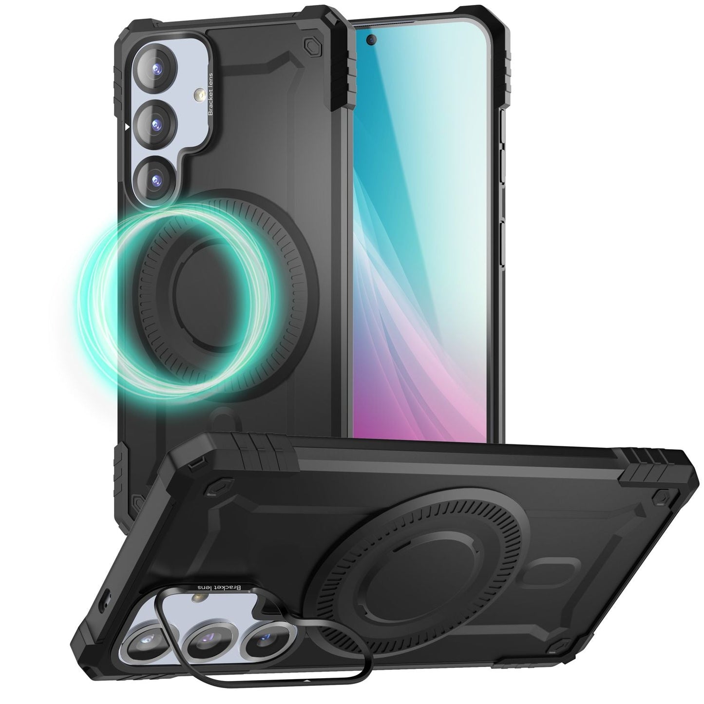 NALIA Granite für Samsung Galaxy S25 Plus Hülle für MagSafe, Armor Panzerhülle, Robuste Stoßfeste Schutzhülle im Militär-Stil, mit Kamera-Ständer, Magnet-Ring - Armor Titan Schwarz