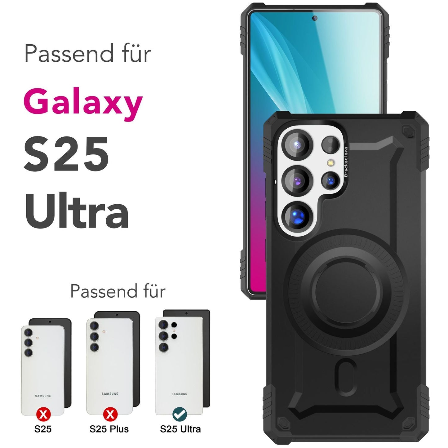 NALIA Granite für Samsung Galaxy S25 Ultra Hülle für MagSafe, Armor Panzerhülle, Extrem Robuste Resistente Militär Schutzhülle, mit Magnet-Ring und Kamera-Stand
