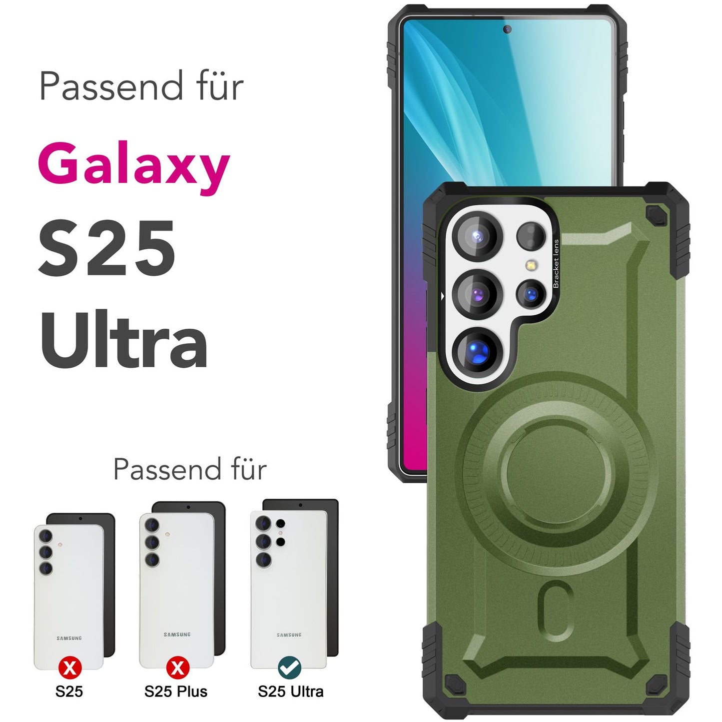 NALIA Granite für Samsung Galaxy S25 Ultra Hülle für MagSafe, Armor Panzerhülle, Extrem Robuste Resistente Militär Schutzhülle, mit Magnet-Ring und Kamera-Stand