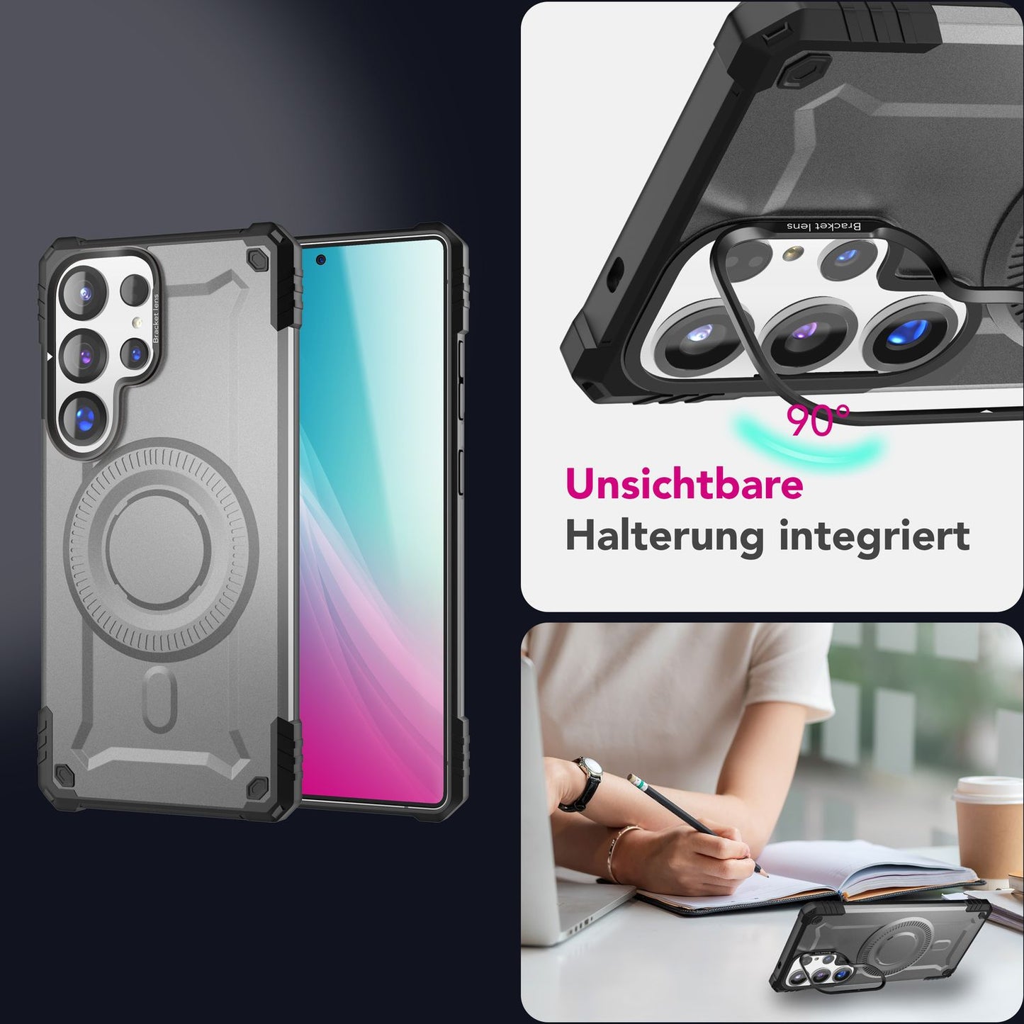 NALIA Granite für Samsung Galaxy S25 Ultra Hülle für MagSafe, Armor Panzerhülle, Extrem Robuste Resistente Militär Schutzhülle, mit Magnet-Ring und Kamera-Stand