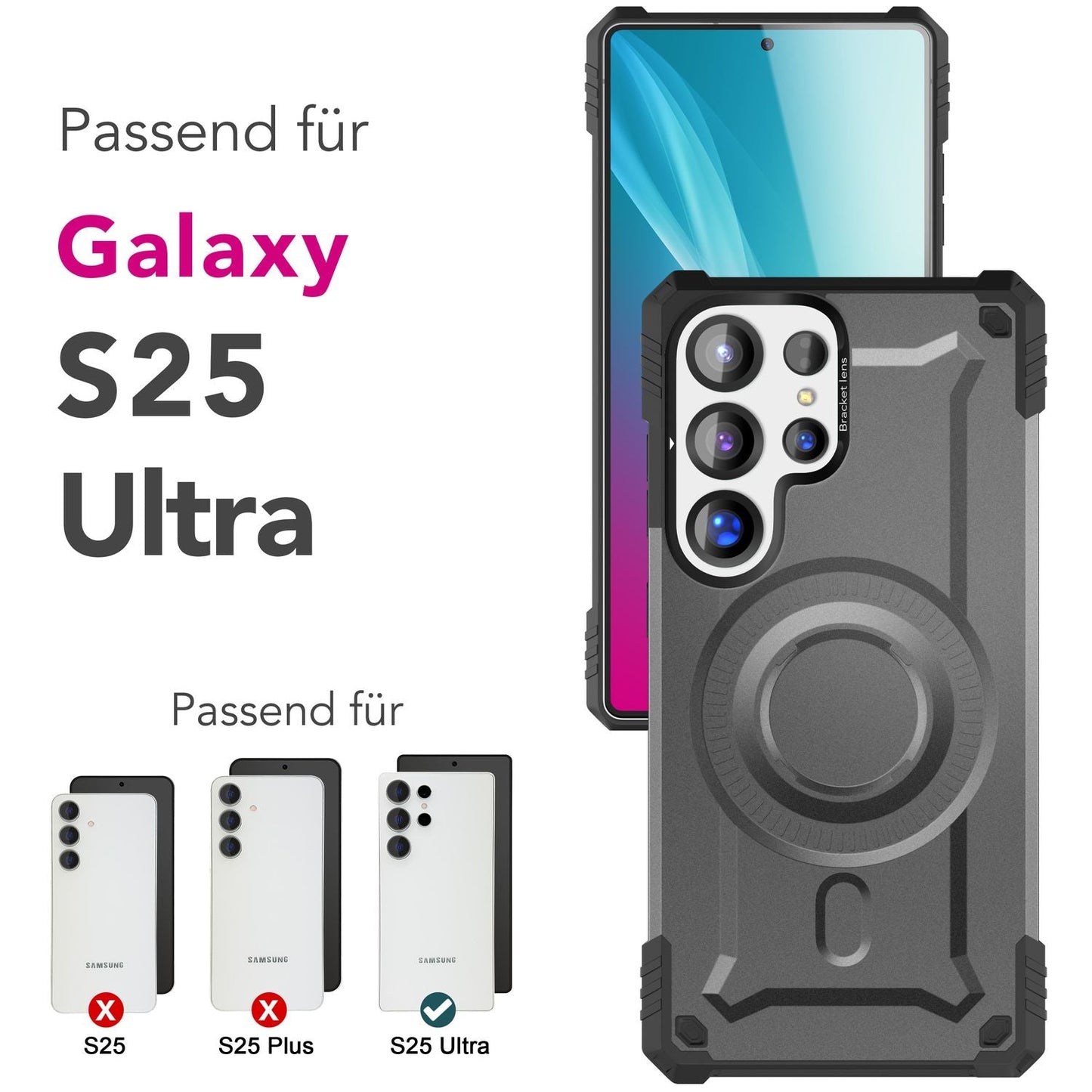 NALIA Granite für Samsung Galaxy S25 Ultra Hülle für MagSafe, Armor Panzerhülle, Extrem Robuste Resistente Militär Schutzhülle, mit Magnet-Ring und Kamera-Stand