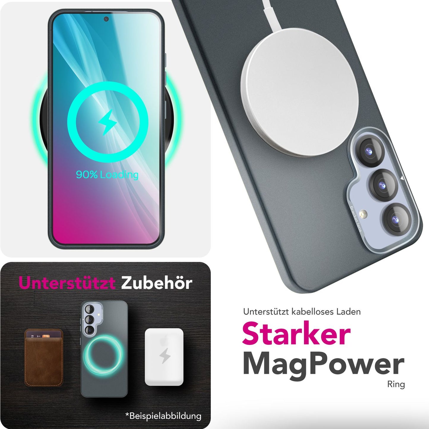 NALIA Overland für Samsung Galaxy S25 Hülle für MagSafe, Ultra Dünnes Hardcase mit Unsichtbarem Magnet-Ring, Ausklappbarer Kamera-Ständer, Mattierte Schutzhülle - Titan Schwarz