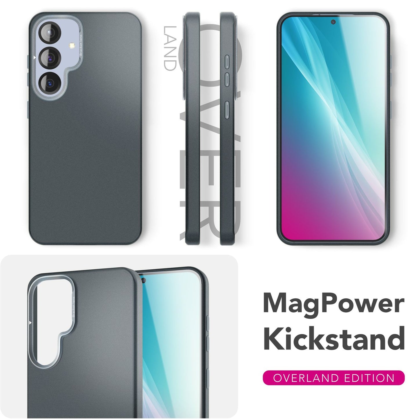 NALIA Overland für Samsung Galaxy S25 Plus Hülle für MagSafe, Ultra Schlankes Hardcover, Eingebauter Magnet-Ring, Klappbarer Kamera-Ständer, Matte Dünne Schutzhülle - Titan Schwarz