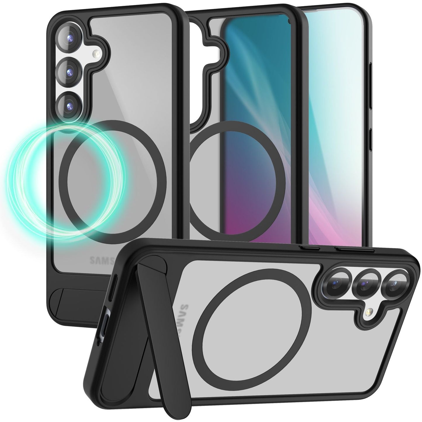 NALIA Triton für Samsung Galaxy S25 Hülle für MagSafe, Magnethülle mit Ausklappbarem Standfuß, Ring für Magnetisches Laden, Semi-Transparente Handyhülle mit schwarzem Silikon-Rand