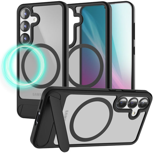 NALIA Triton für Samsung Galaxy S25 Hülle für MagSafe, Magnethülle mit Ausklappbarem Standfuß, Ring für Magnetisches Laden, Semi-Transparente Handyhülle mit schwarzem Silikon-Rand