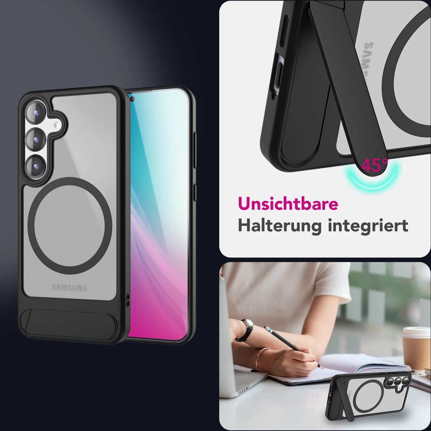 NALIA Triton für Samsung Galaxy S25 Hülle für MagSafe, Magnethülle mit Ausklappbarem Standfuß, Ring für Magnetisches Laden, Semi-Transparente Handyhülle mit schwarzem Silikon-Rand