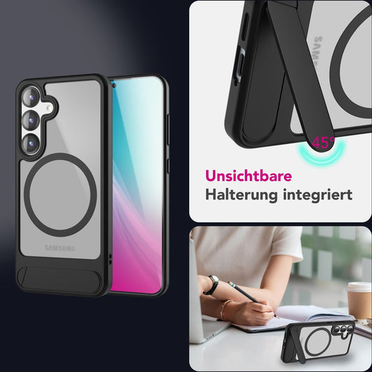 NALIA Triton für Samsung Galaxy S25 Hülle für MagSafe, Magnethülle mit Ausklappbarem Standfuß, Ring für Magnetisches Laden, Semi-Transparente Handyhülle mit schwarzem Silikon-Rand