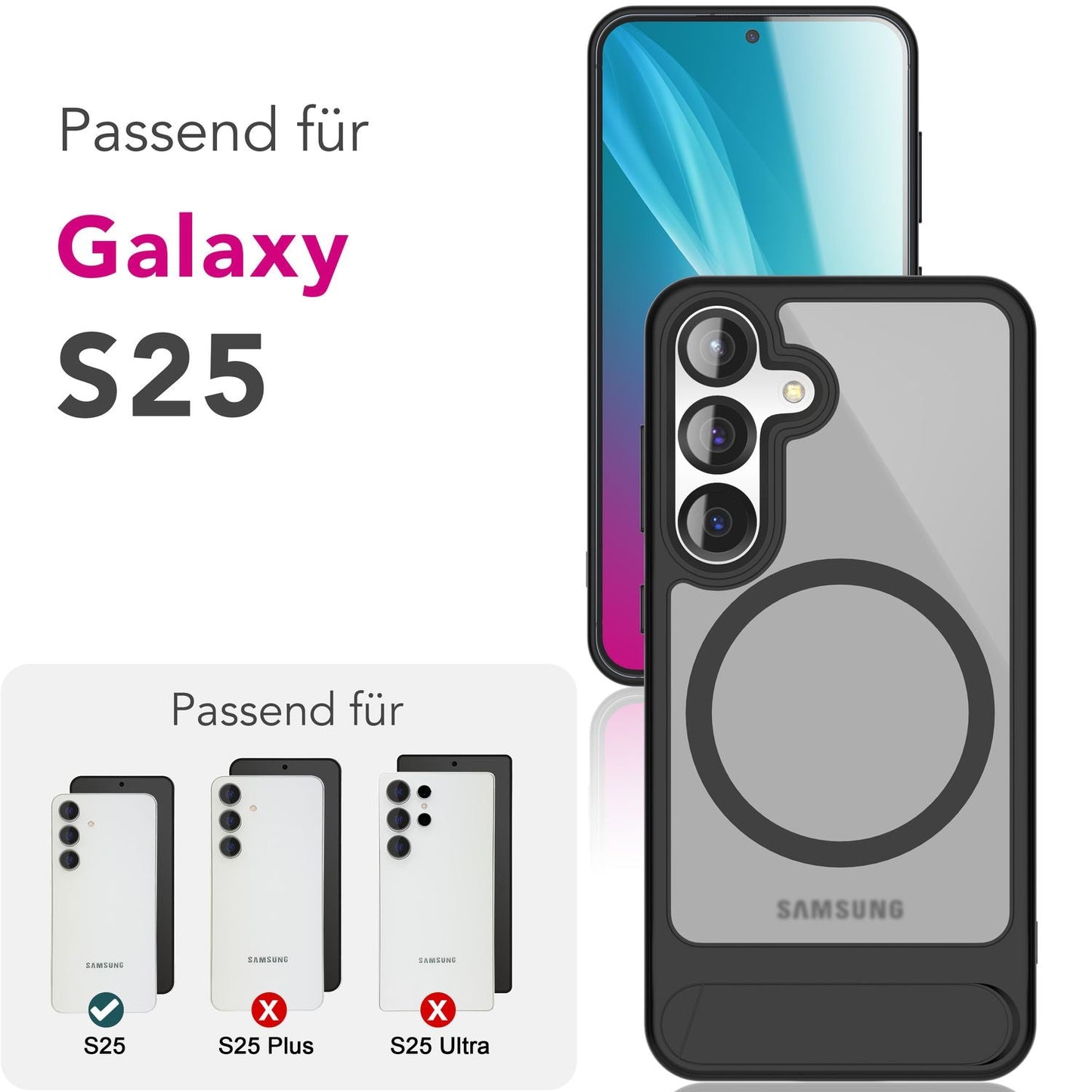 NALIA Triton für Samsung Galaxy S25 Hülle für MagSafe, Magnethülle mit Ausklappbarem Standfuß, Ring für Magnetisches Laden, Semi-Transparente Handyhülle mit schwarzem Silikon-Rand