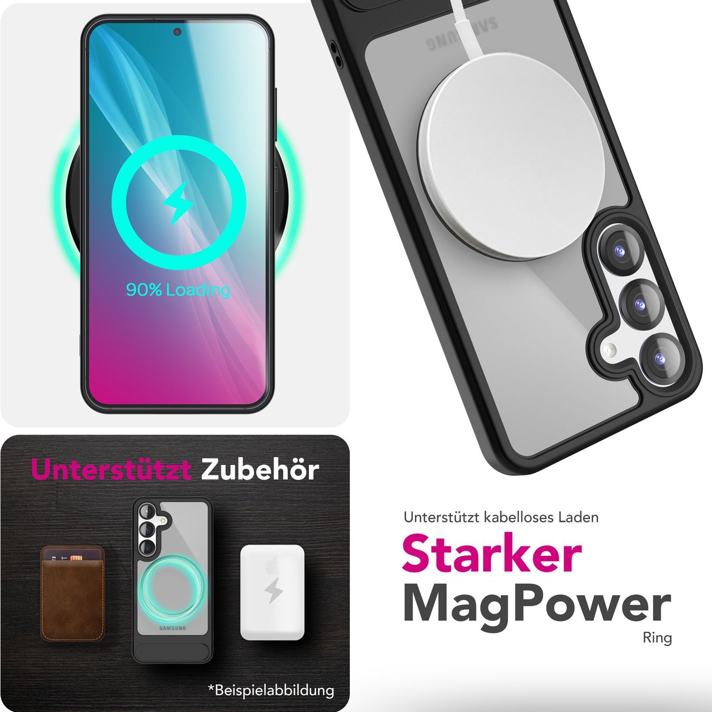 NALIA Triton für Samsung Galaxy S25 Plus Hülle für MagSafe, Magnethülle mit Klappbarem Stand, Ring für Magnetisches Laden, Halb-Transparente Schutzhülle mit schwarzem Silikon-Rand