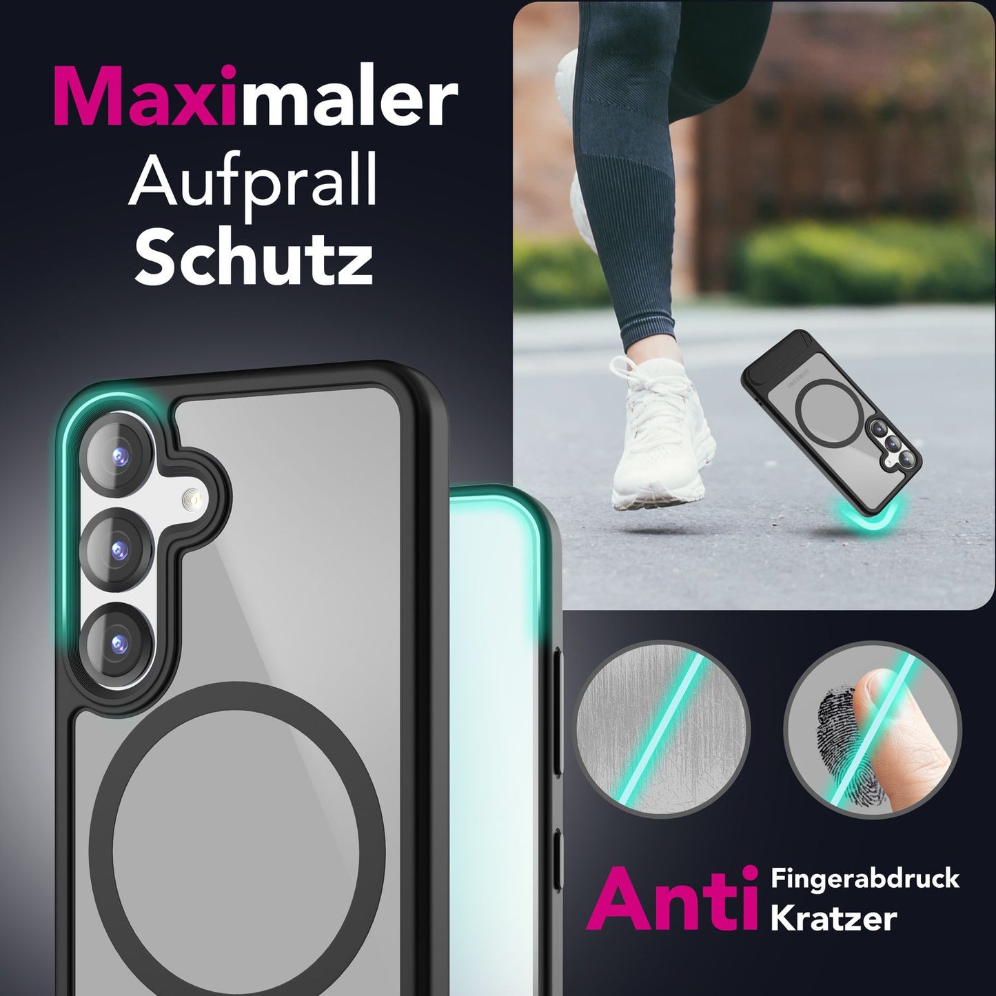 NALIA Triton für Samsung Galaxy S25 Plus Hülle für MagSafe, Magnethülle mit Klappbarem Stand, Ring für Magnetisches Laden, Halb-Transparente Schutzhülle mit schwarzem Silikon-Rand