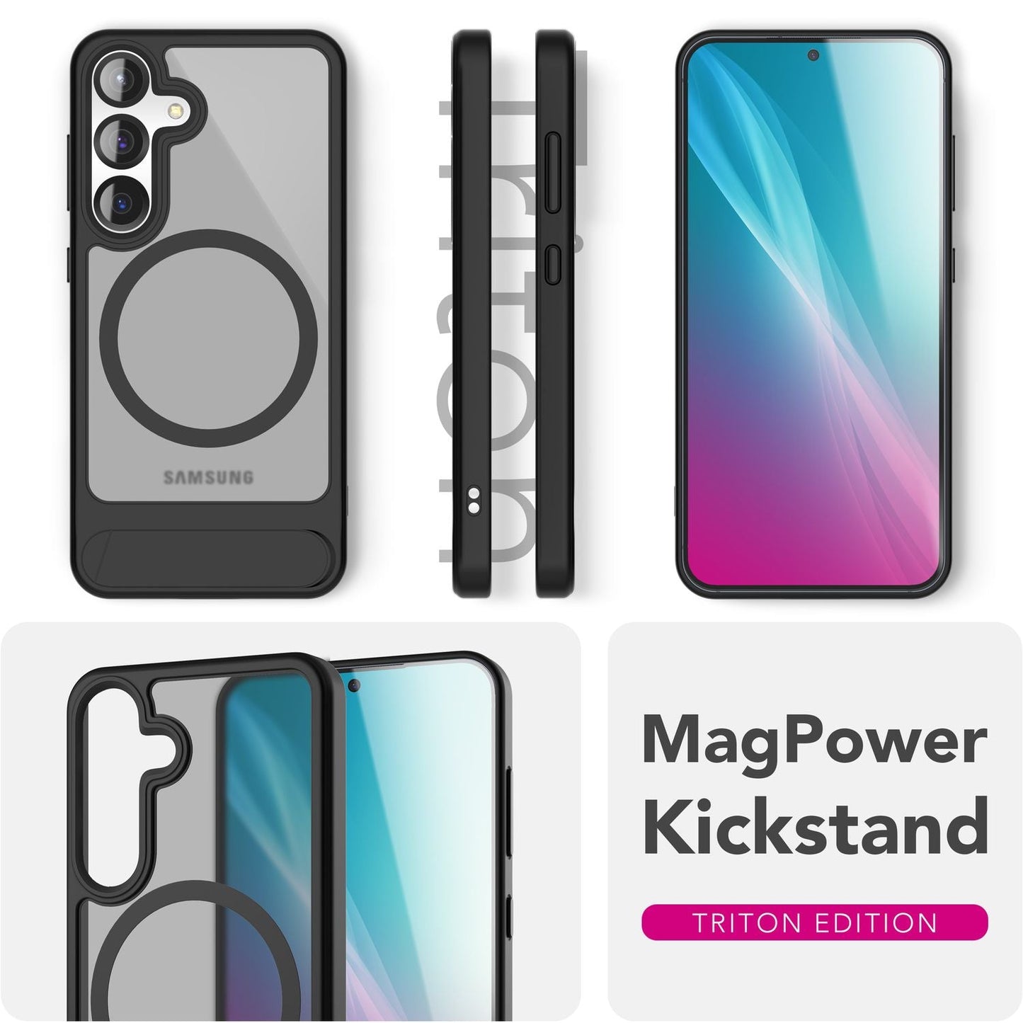 NALIA Triton für Samsung Galaxy S25 Plus Hülle für MagSafe, Magnethülle mit Klappbarem Stand, Ring für Magnetisches Laden, Halb-Transparente Schutzhülle mit schwarzem Silikon-Rand