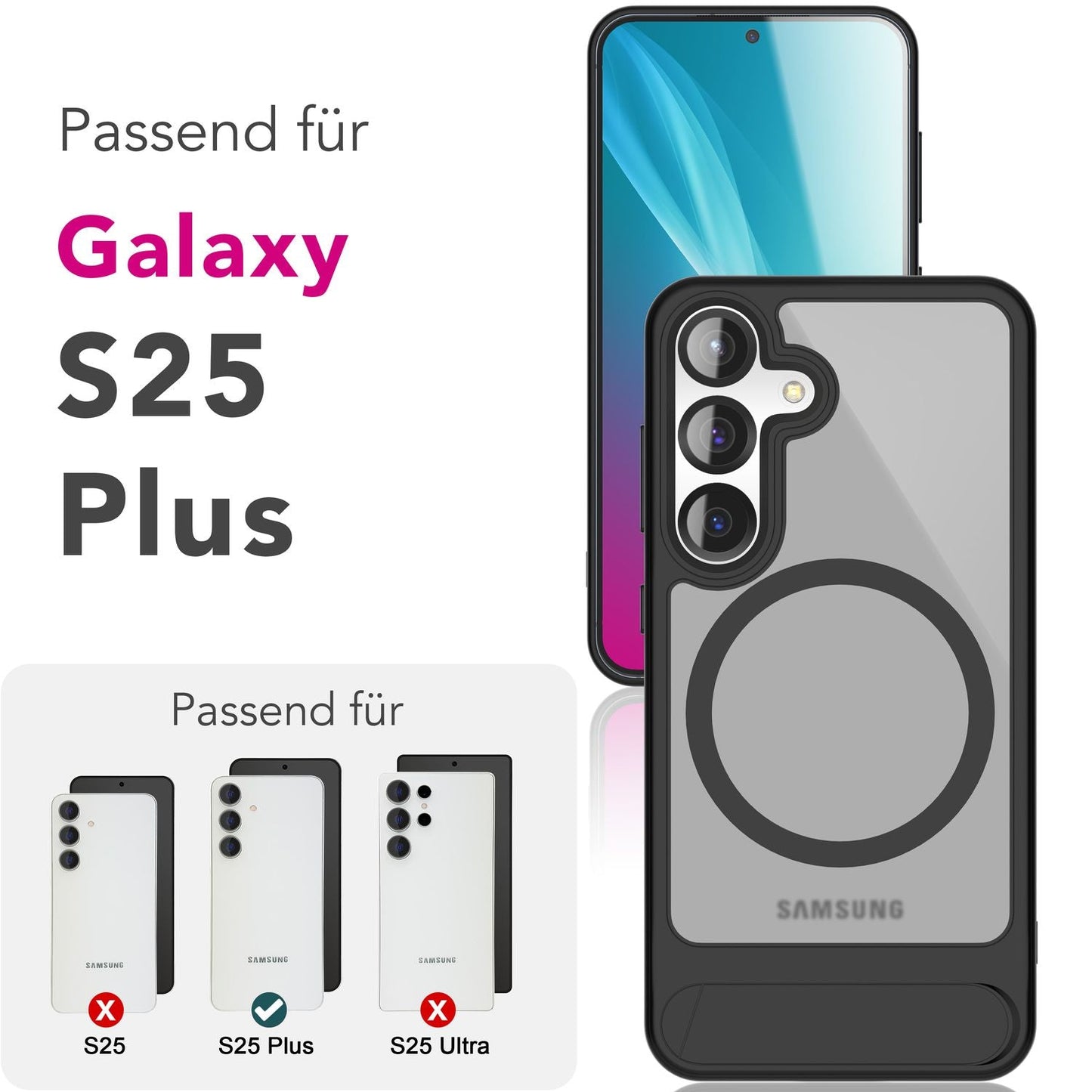 NALIA Triton für Samsung Galaxy S25 Plus Hülle für MagSafe, Magnethülle mit Klappbarem Stand, Ring für Magnetisches Laden, Halb-Transparente Schutzhülle mit schwarzem Silikon-Rand