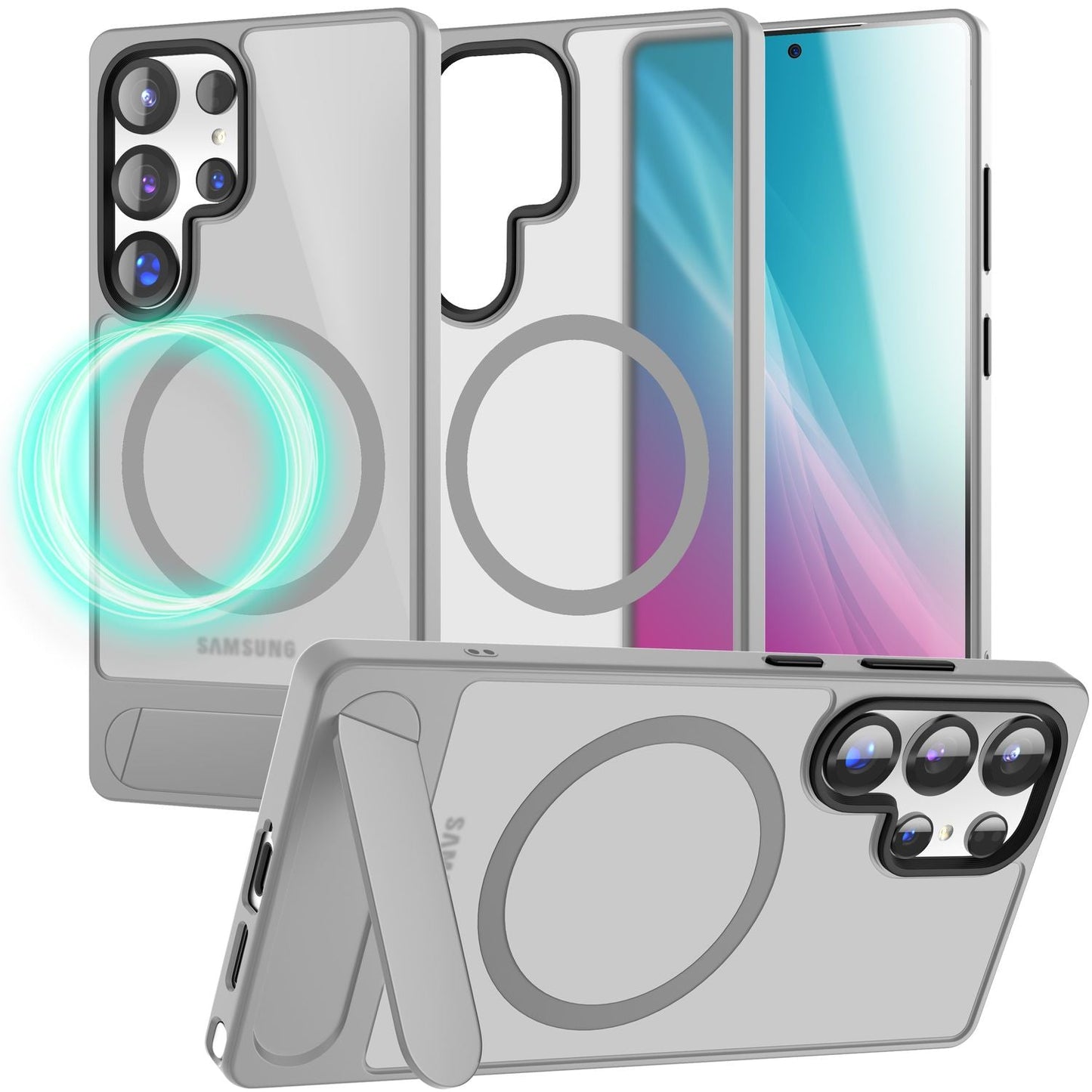 NALIA Triton für Samsung Galaxy S25 Ultra Hülle für MagSafe, Magnethülle mit Standfuß, Ring für Magnetisches Laden, Semi-Transparente Handyhülle mit Silikon-Rahmen