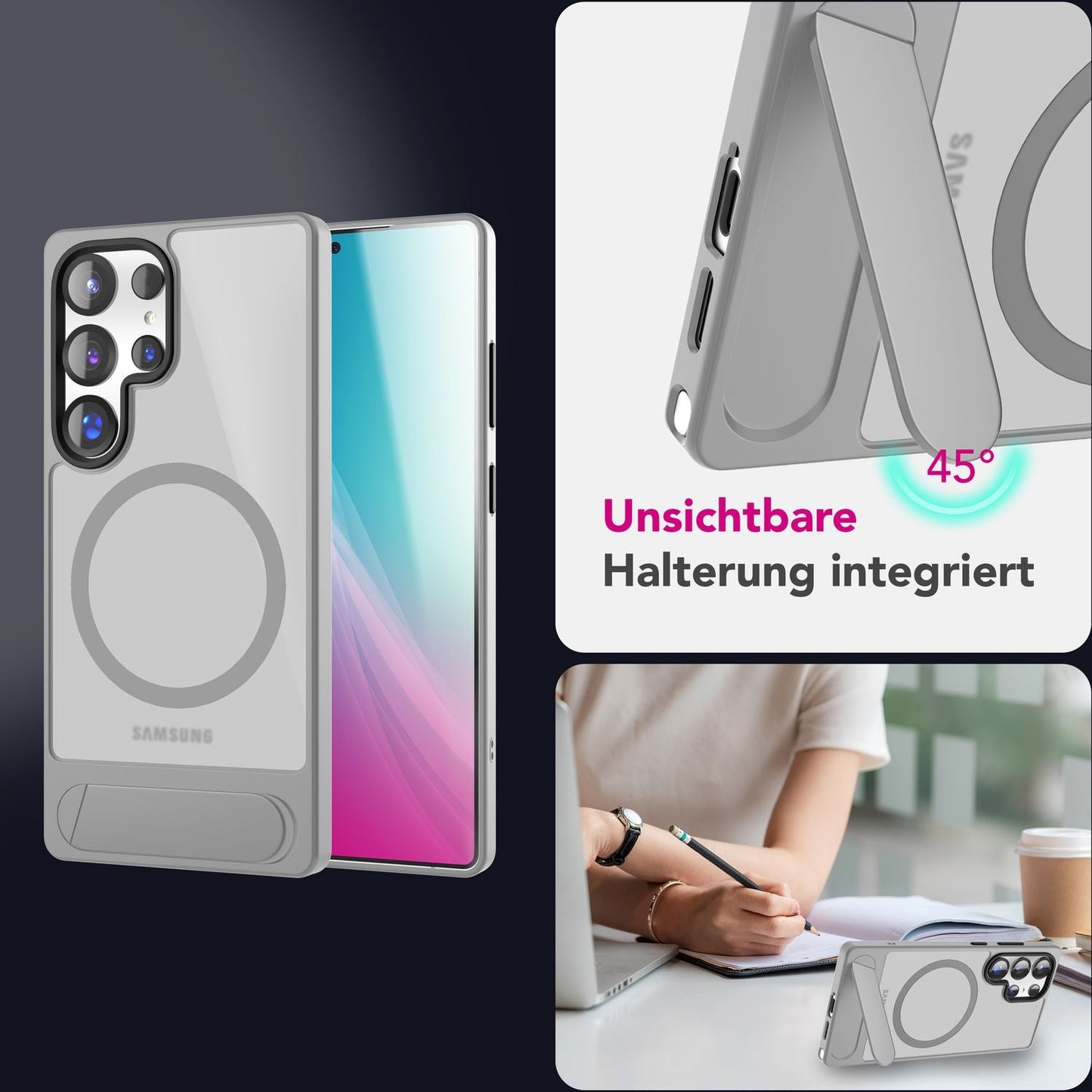NALIA Triton für Samsung Galaxy S25 Ultra Hülle für MagSafe, Magnethülle mit Standfuß, Ring für Magnetisches Laden, Semi-Transparente Handyhülle mit Silikon-Rahmen