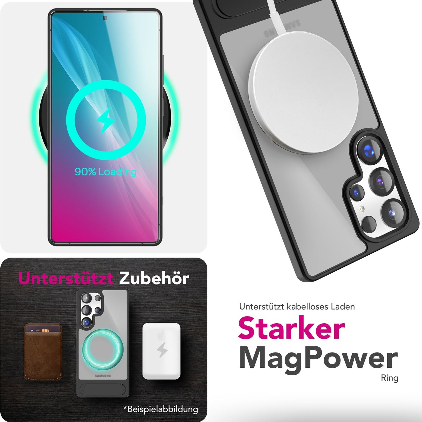 NALIA Triton für Samsung Galaxy S25 Ultra Hülle für MagSafe, Magnethülle mit Standfuß, Ring für Magnetisches Laden, Semi-Transparente Handyhülle mit Silikon-Rahmen