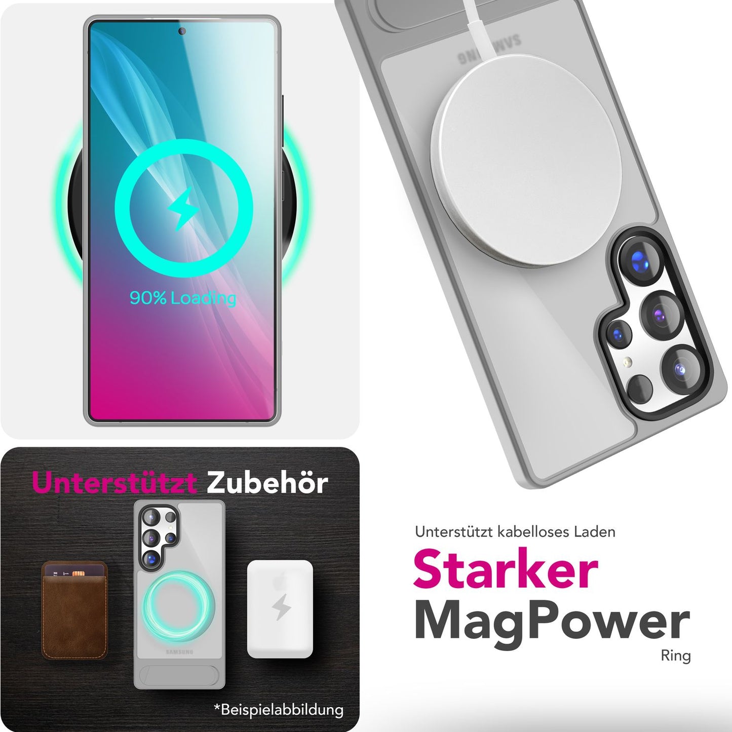 NALIA Triton für Samsung Galaxy S25 Ultra Hülle für MagSafe, Magnethülle mit Standfuß, Ring für Magnetisches Laden, Semi-Transparente Handyhülle mit Silikon-Rahmen