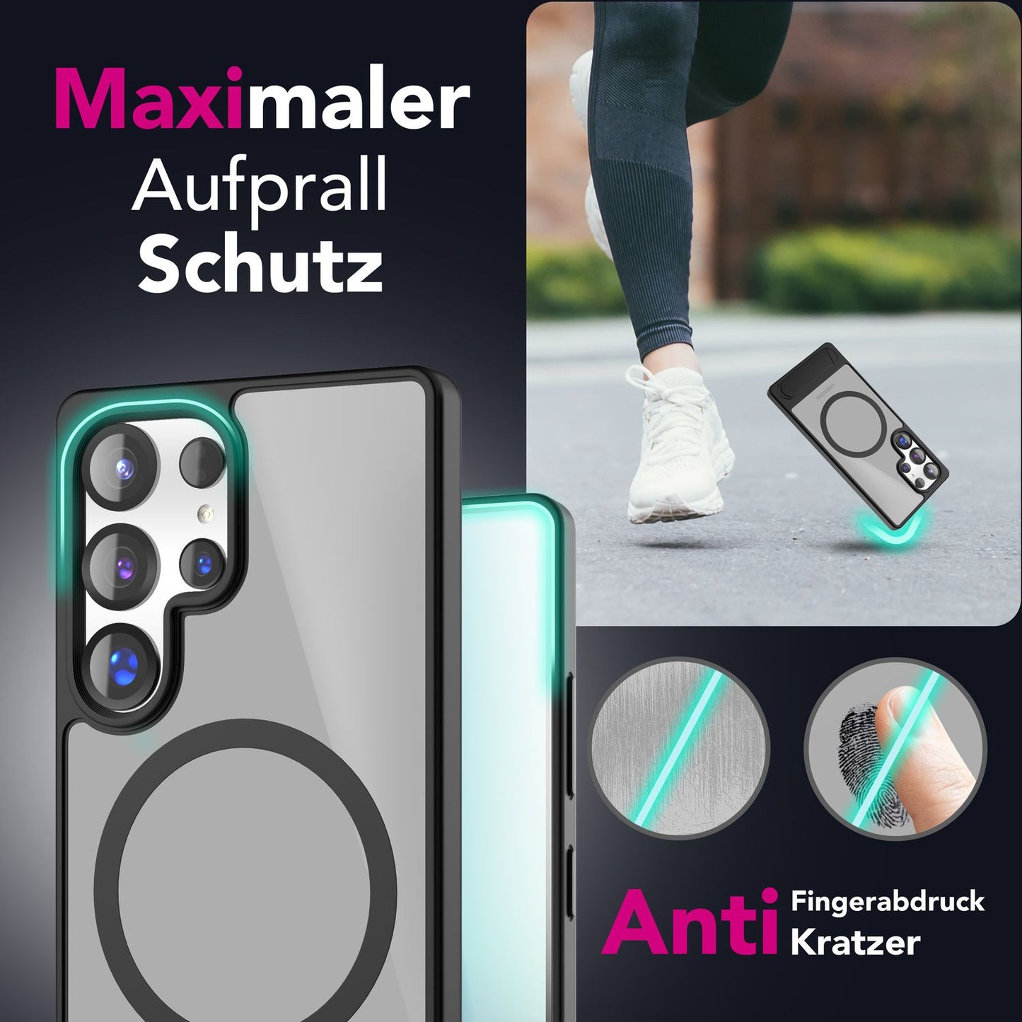 NALIA Triton für Samsung Galaxy S25 Ultra Hülle für MagSafe, Magnethülle mit Standfuß, Ring für Magnetisches Laden, Semi-Transparente Handyhülle mit Silikon-Rahmen