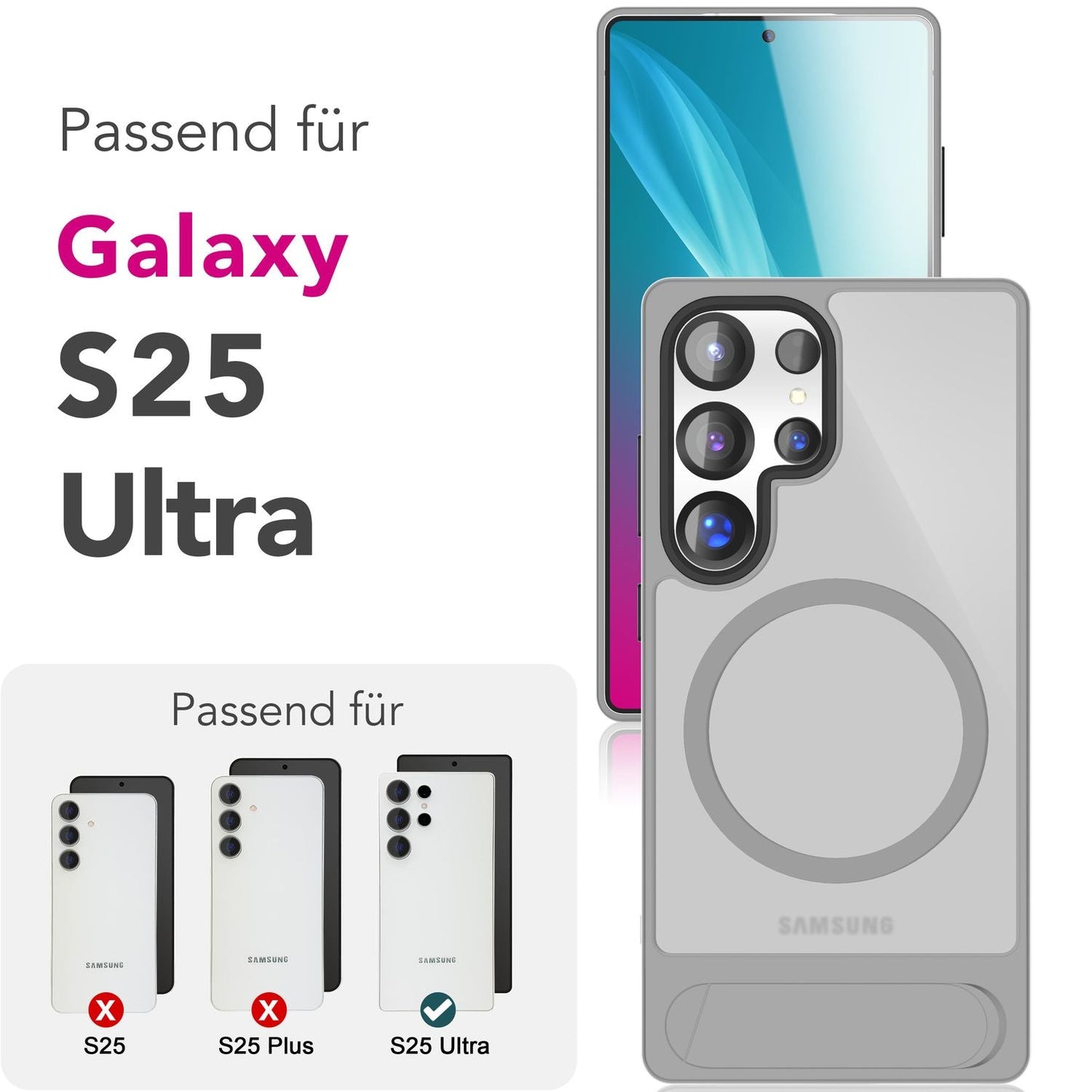 NALIA Triton für Samsung Galaxy S25 Ultra Hülle für MagSafe, Magnethülle mit Standfuß, Ring für Magnetisches Laden, Semi-Transparente Handyhülle mit Silikon-Rahmen