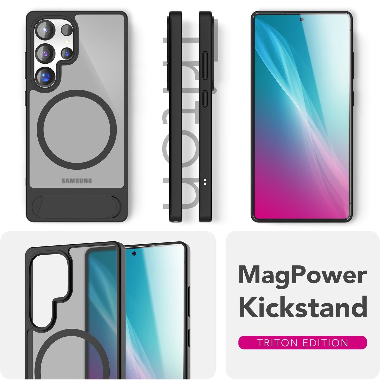 NALIA Triton für Samsung Galaxy S25 Ultra Hülle für MagSafe, Magnethülle mit Standfuß, Ring für Magnetisches Laden, Semi-Transparente Handyhülle mit Silikon-Rahmen