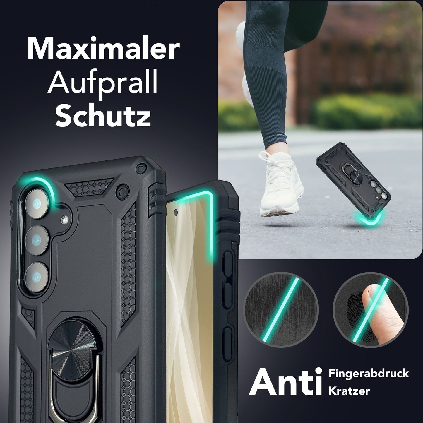 NALIA RingDefend für Samsung Galaxy S25 Plus Hülle, Stoßfeste Fallschutz Ringhülle, 360° Drehbarer Ring für Stand und Finger-Halter, Militär-Stil Panzer Schutzhülle