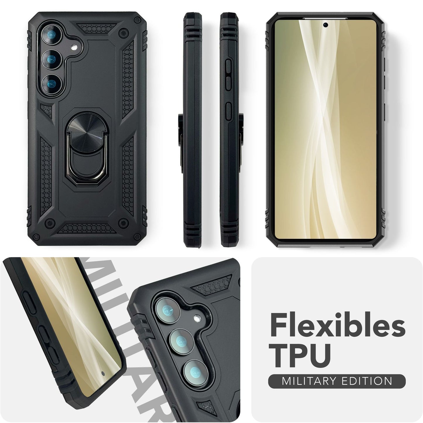 NALIA RingDefend für Samsung Galaxy S25 Plus Hülle, Stoßfeste Fallschutz Ringhülle, 360° Drehbarer Ring für Stand und Finger-Halter, Militär-Stil Panzer Schutzhülle