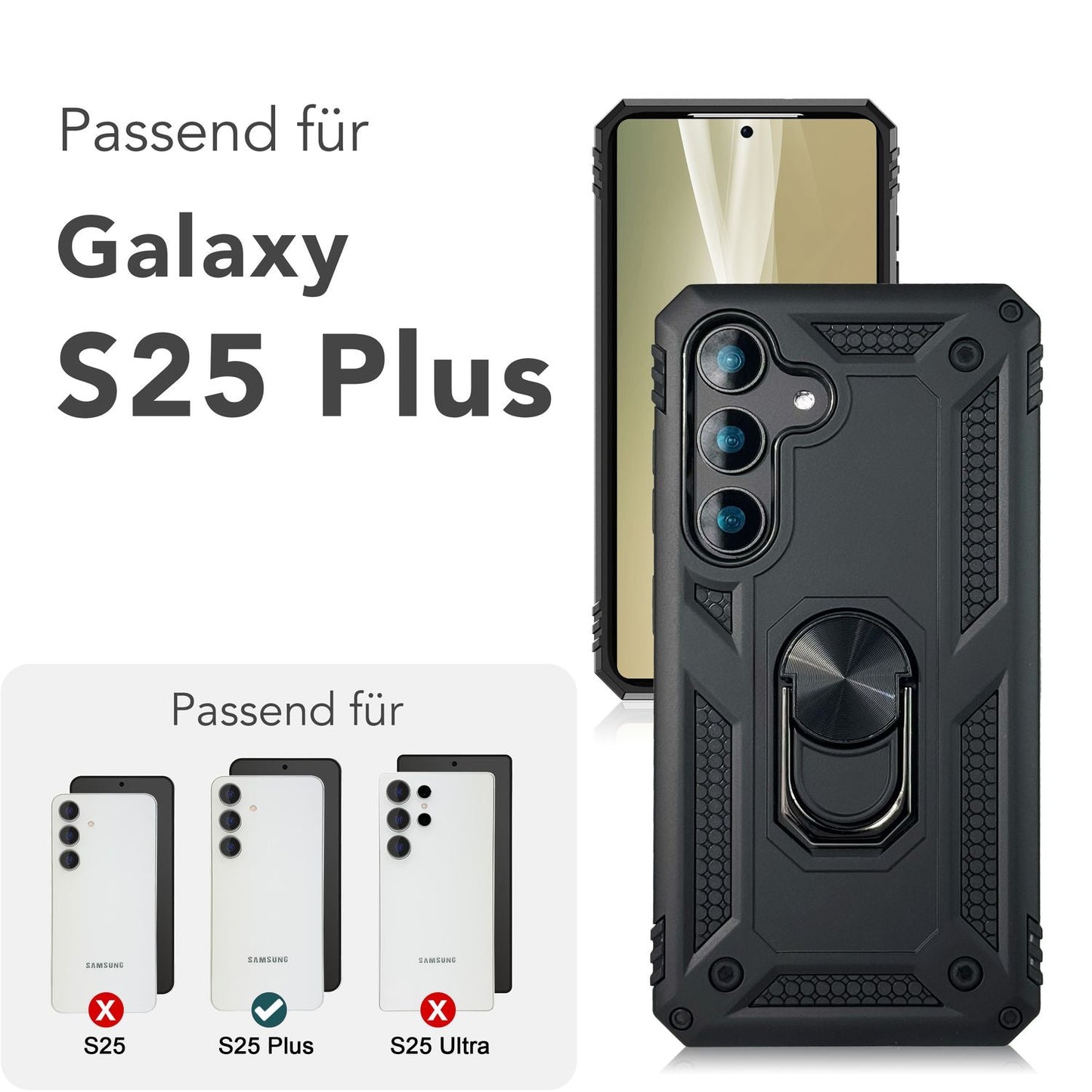 NALIA RingDefend für Samsung Galaxy S25 Plus Hülle, Stoßfeste Fallschutz Ringhülle, 360° Drehbarer Ring für Stand und Finger-Halter, Militär-Stil Panzer Schutzhülle