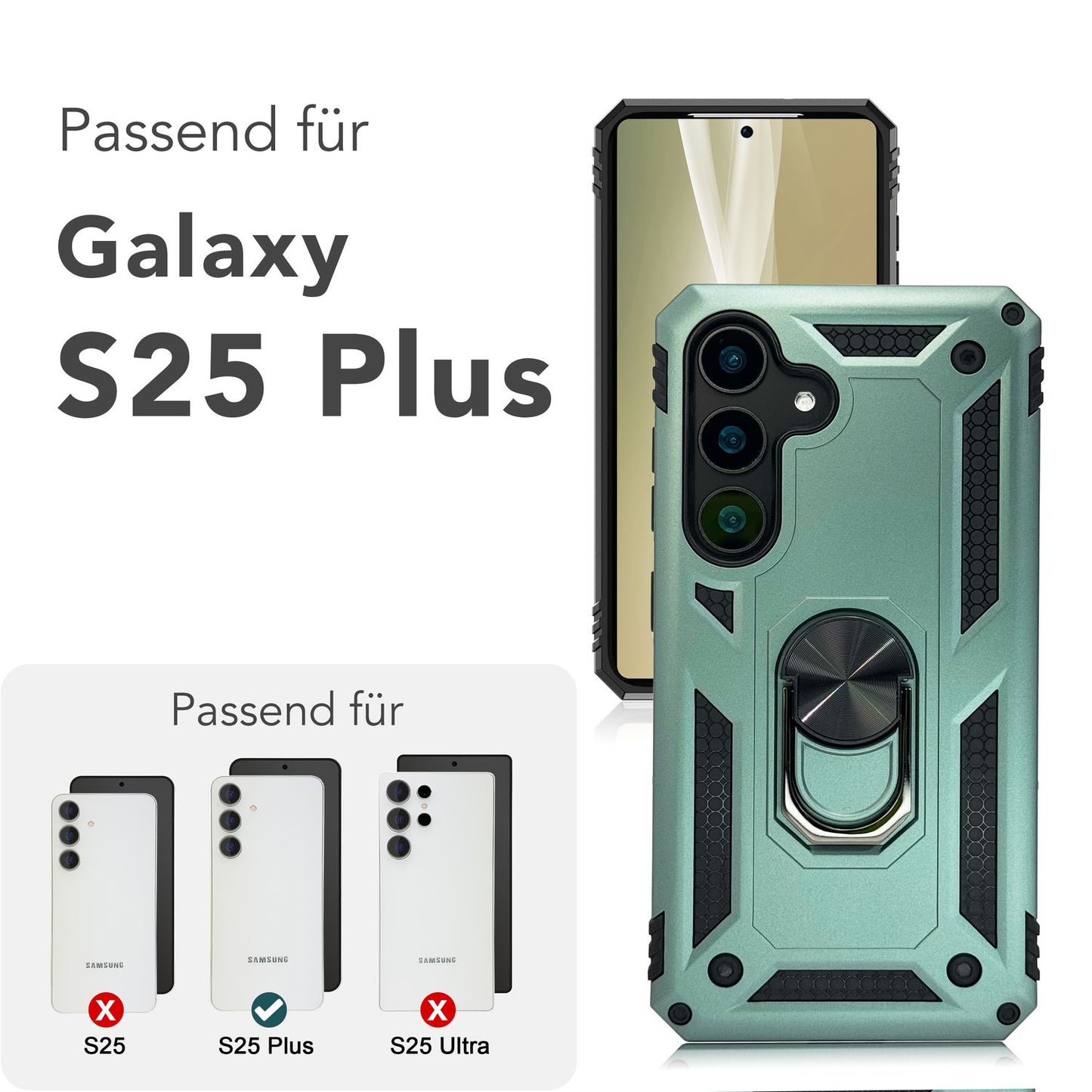 NALIA RingDefend für Samsung Galaxy S25 Plus Hülle, Stoßfeste Fallschutz Ringhülle, 360° Drehbarer Ring für Stand und Finger-Halter, Militär-Stil Panzer Schutzhülle