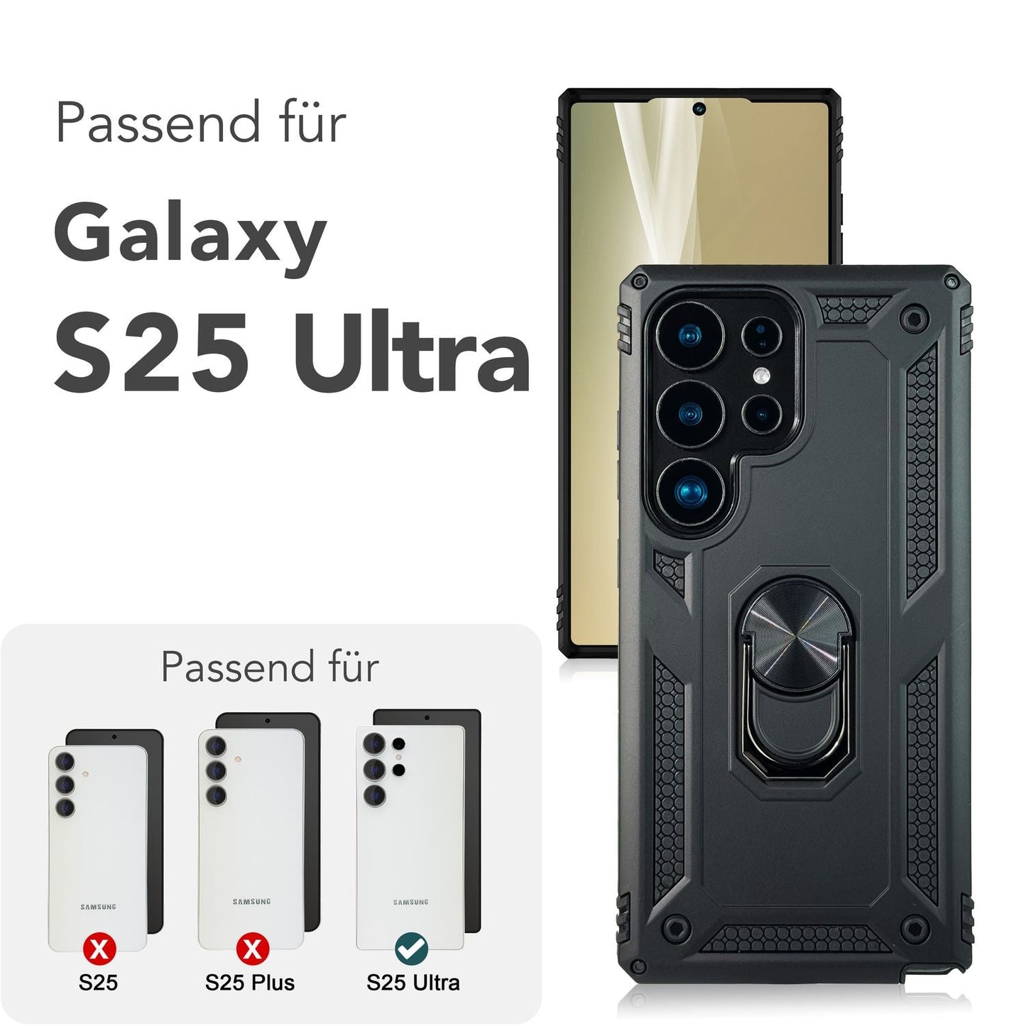 NALIA RingDefend für Samsung Galaxy S25 Ultra Hülle, Schockfeste Military Style Ringhülle, Kickstand Panzerhülle, 360° Rotierbarer Ring für Ständer und Finger-Halter