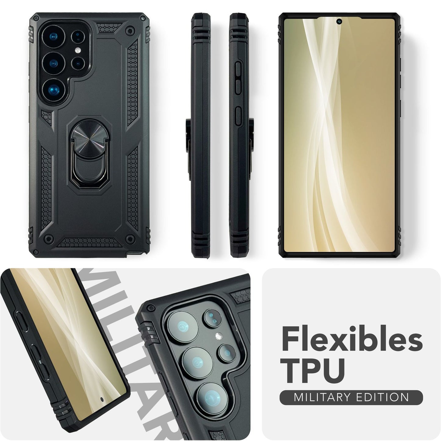 NALIA RingDefend für Samsung Galaxy S25 Ultra Hülle, Schockfeste Military Style Ringhülle, Kickstand Panzerhülle, 360° Rotierbarer Ring für Ständer und Finger-Halter