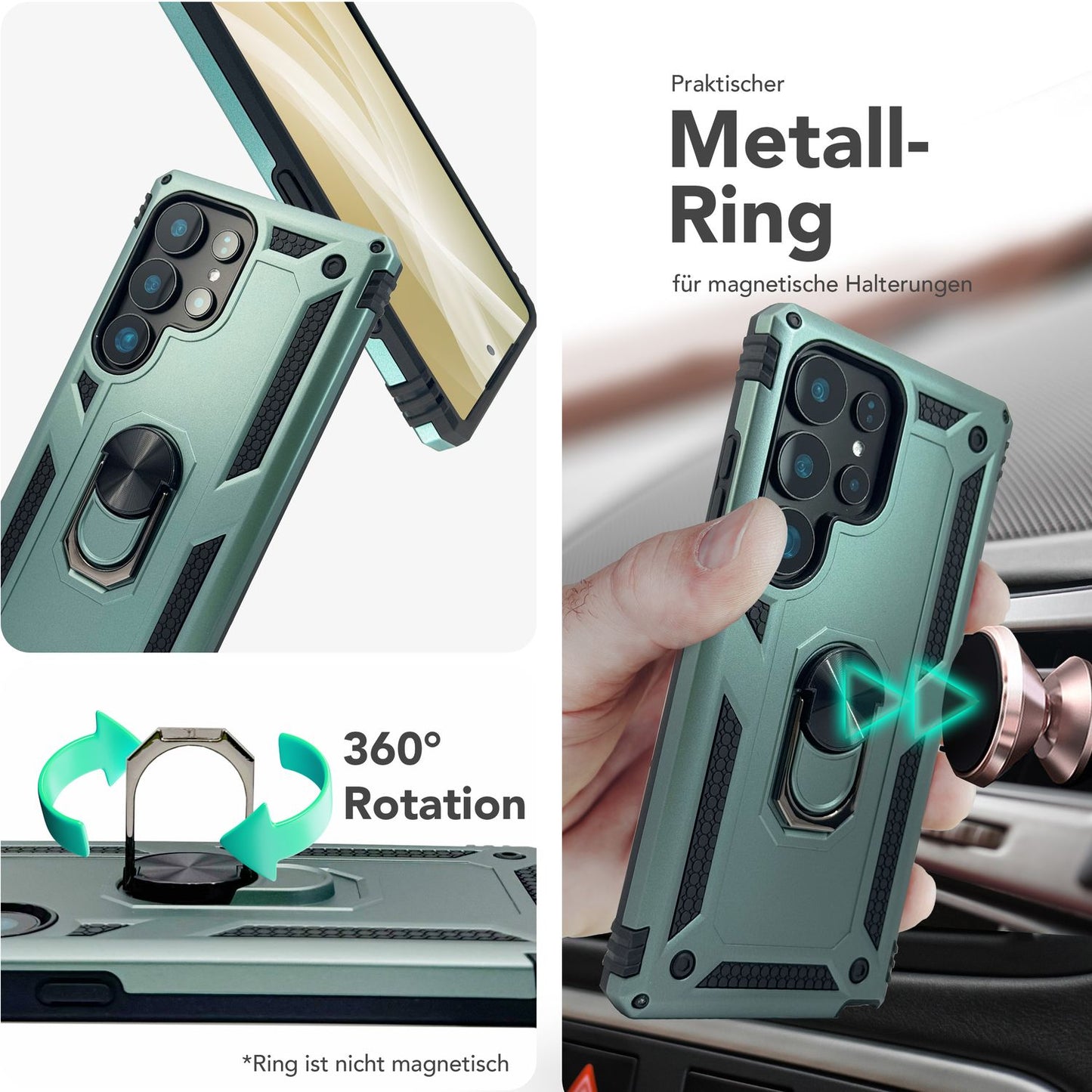 NALIA RingDefend für Samsung Galaxy S25 Ultra Hülle, Schockfeste Military Style Ringhülle, Kickstand Panzerhülle, 360° Rotierbarer Ring für Ständer und Finger-Halter