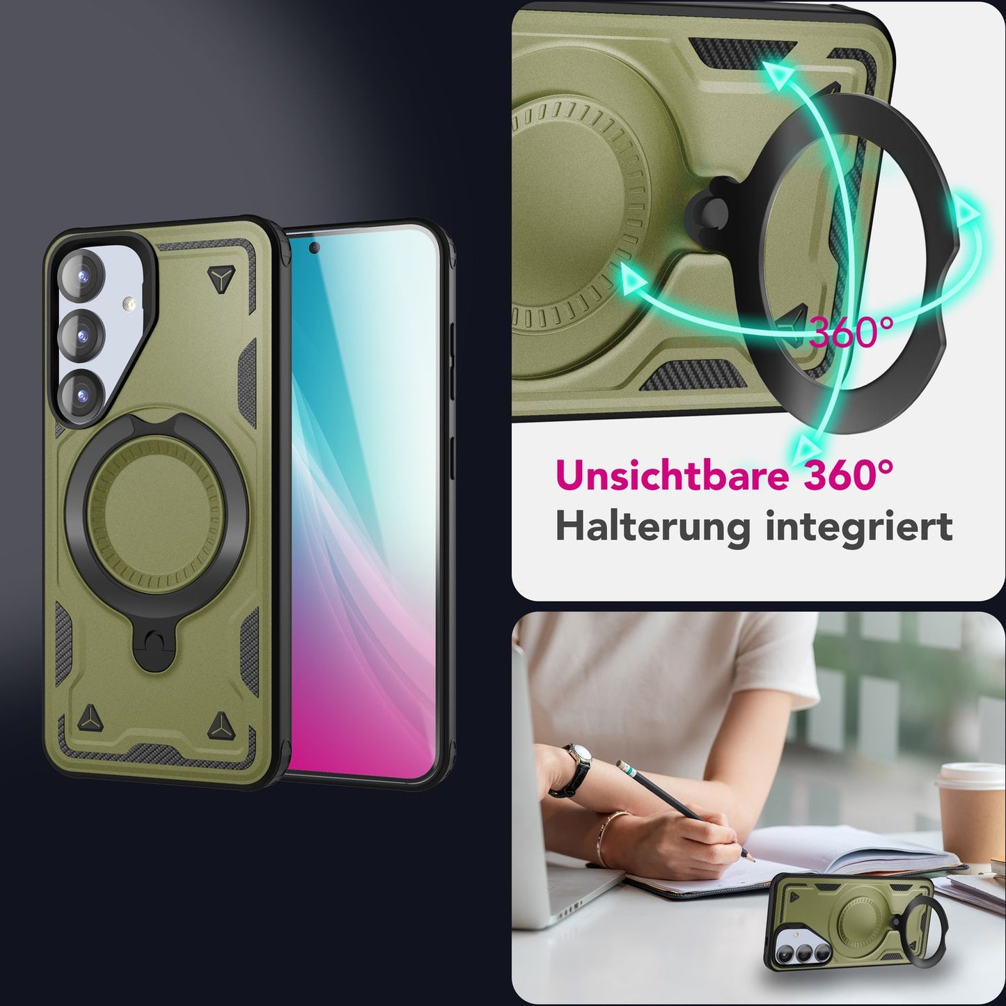 NALIA Stormguard für Samsung Galaxy S25 Hülle für MagSafe, Armor Fallschutz Ringhülle, Stoßfeste Schutzhülle mit 360° Rotationsring für Ständer und Magnetisch Laden