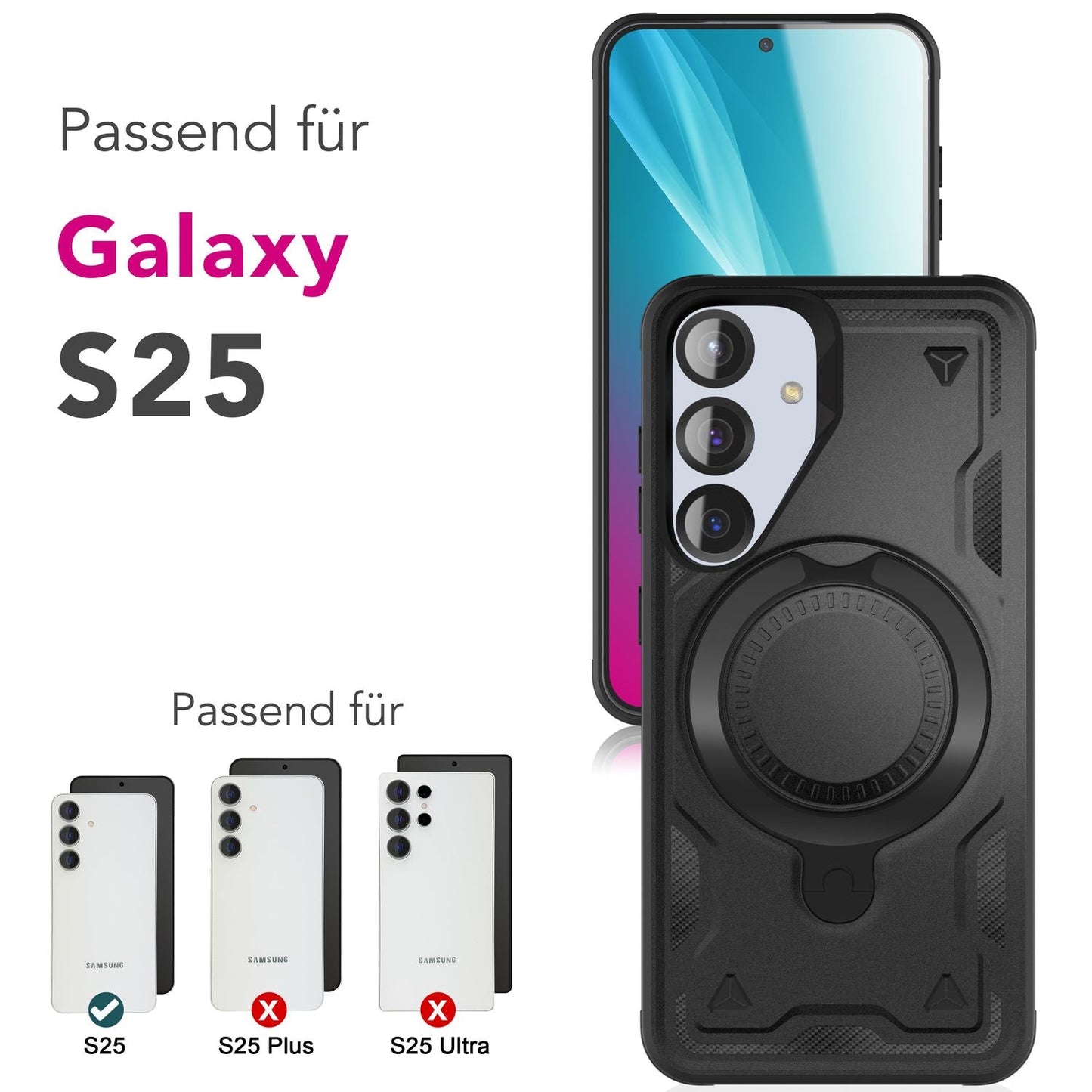 NALIA Stormguard für Samsung Galaxy S25 Hülle für MagSafe, Armor Fallschutz Ringhülle, Stoßfeste Schutzhülle mit 360° Rotationsring für Ständer und Magnetisch Laden