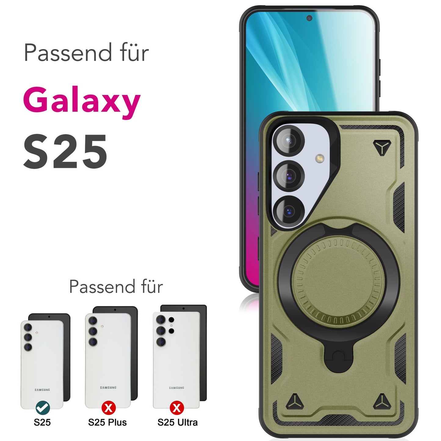NALIA Stormguard für Samsung Galaxy S25 Hülle für MagSafe, Armor Fallschutz Ringhülle, Stoßfeste Schutzhülle mit 360° Rotationsring für Ständer und Magnetisch Laden