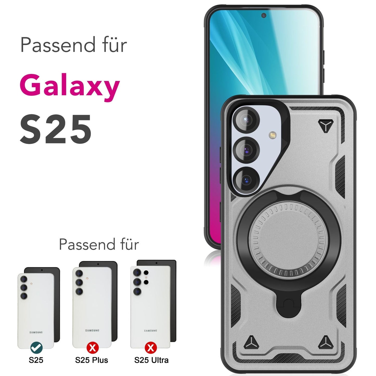 NALIA Stormguard für Samsung Galaxy S25 Hülle für MagSafe, Armor Fallschutz Ringhülle, Stoßfeste Schutzhülle mit 360° Rotationsring für Ständer und Magnetisch Laden
