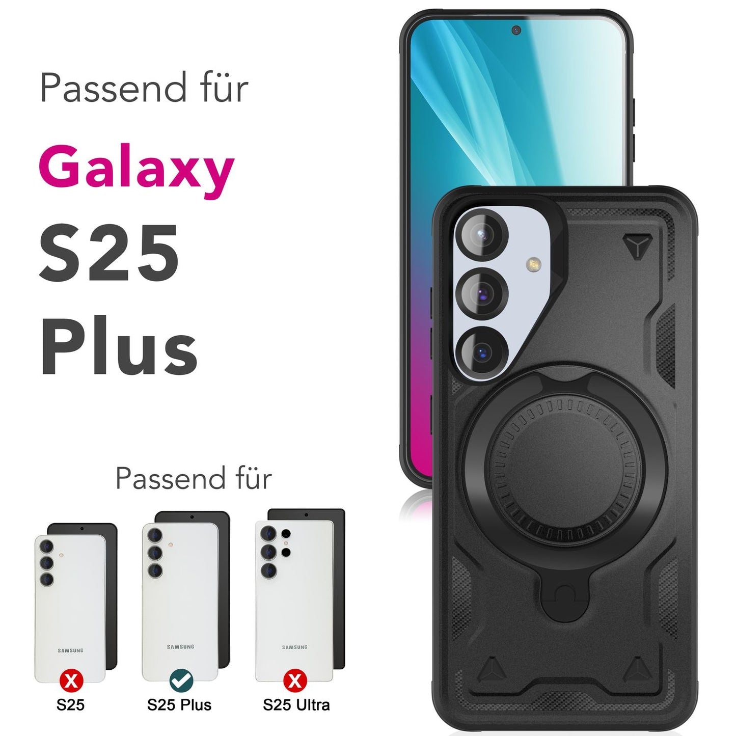 NALIA Stormguard für Samsung Galaxy S25 Plus Hülle für MagSafe, Armor Ringhülle, Stabile Outdoor Schutzhülle mit 360° Rotierbarem Ring, Stoßfestes Cover mit Stand - Titan Schwarz