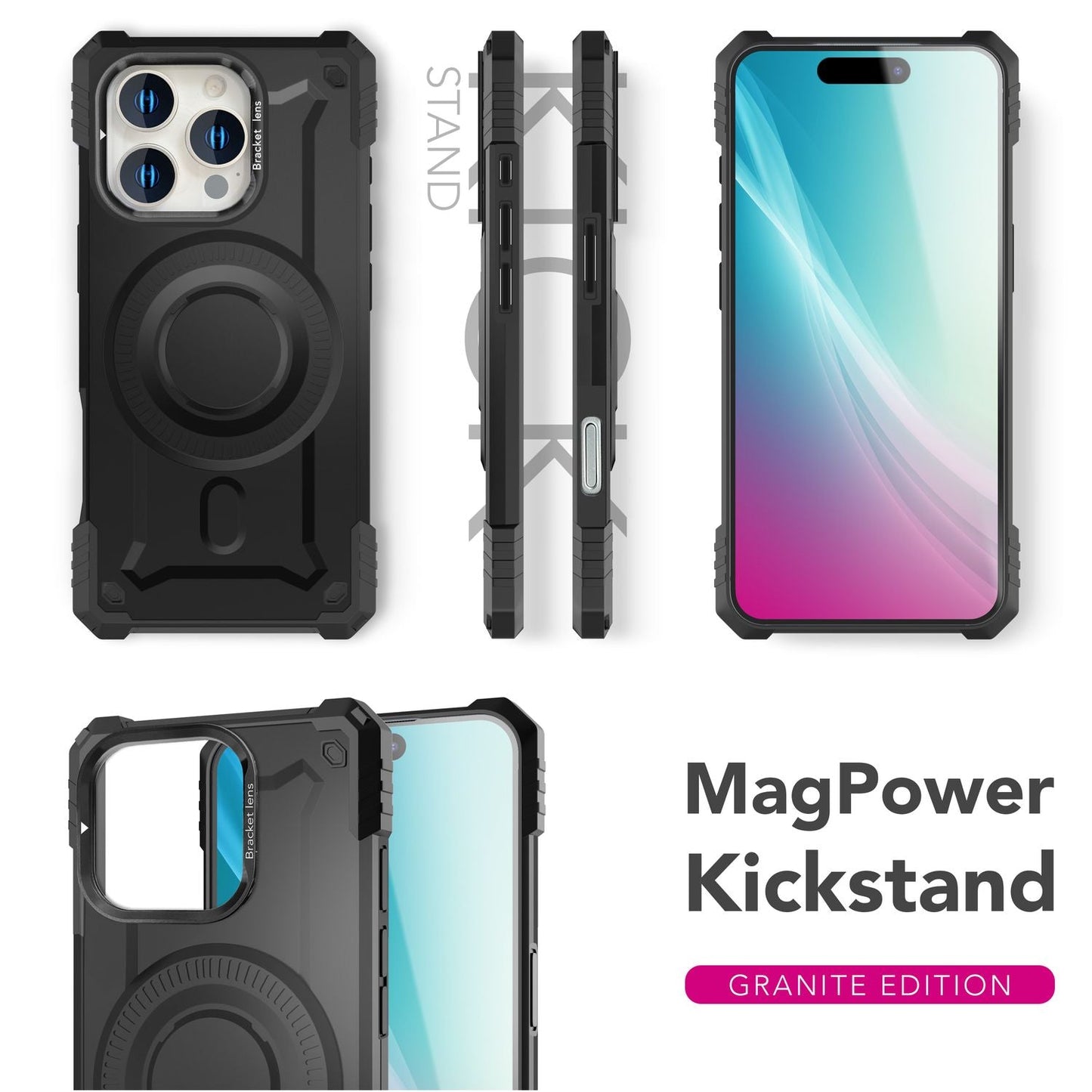 NALIA Granite für iPhone 16 Pro Hülle [für MagSafe], Extrem Robuster Panzerschutz, Starker MagPower Magnet, Schock- und Bruchsicher, Kamera-Standfuß