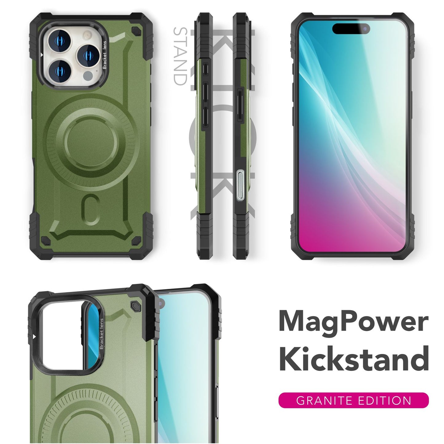 NALIA Granite für iPhone 16 Pro Hülle [für MagSafe], Extrem Robuster Panzerschutz, Starker MagPower Magnet, Schock- und Bruchsicher, Kamera-Standfuß
