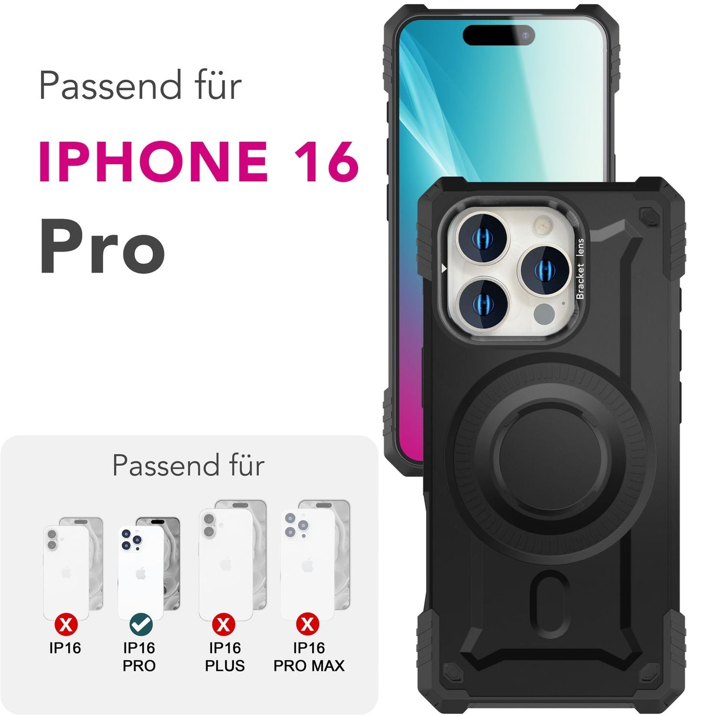 NALIA Granite für iPhone 16 Pro Hülle [für MagSafe], Extrem Robuster Panzerschutz, Starker MagPower Magnet, Schock- und Bruchsicher, Kamera-Standfuß