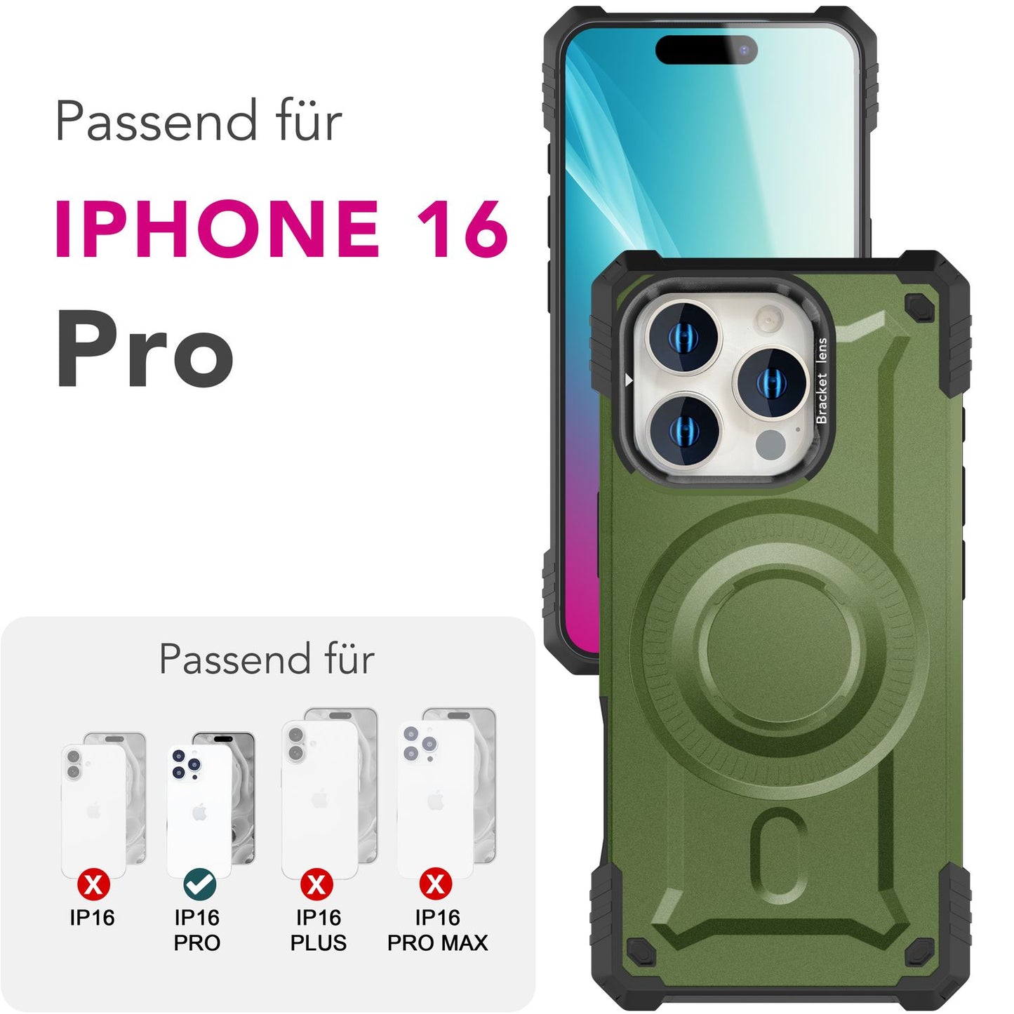 NALIA Granite für iPhone 16 Pro Hülle [für MagSafe], Extrem Robuster Panzerschutz, Starker MagPower Magnet, Schock- und Bruchsicher, Kamera-Standfuß