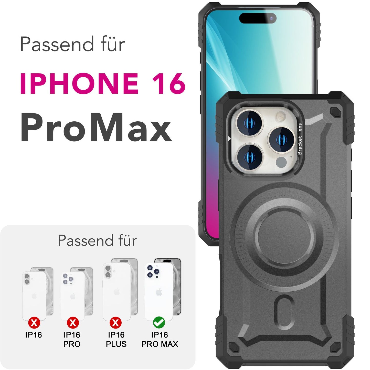 NALIA Granite für iPhone 16 Pro Max Hülle [für MagSafe], Ultra Robuster Panzerschutz, Starker Magnetring, Stoßfest & Bruchsicher, Kamera-Ständer, Armor Case
