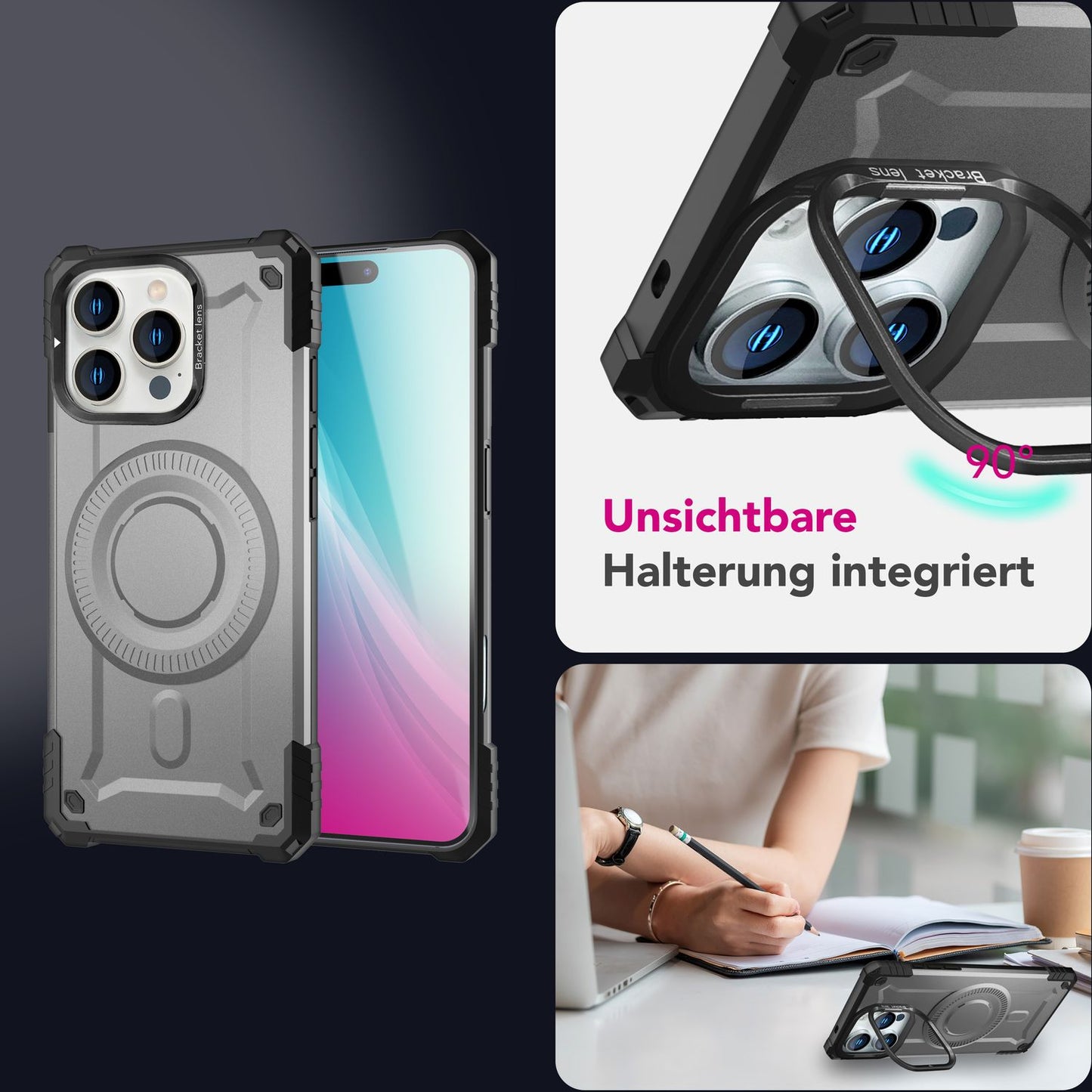 NALIA Granite für iPhone 16 Pro Max Hülle [für MagSafe], Ultra Robuster Panzerschutz, Starker Magnetring, Stoßfest & Bruchsicher, Kamera-Ständer, Armor Case