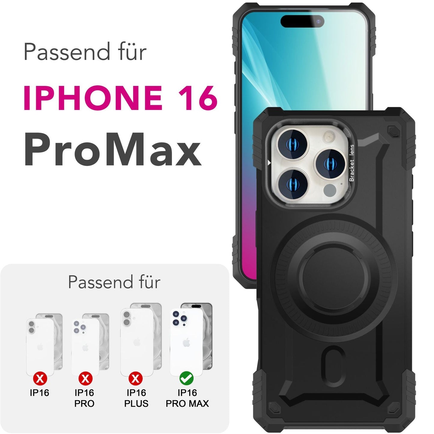 NALIA Granite für iPhone 16 Pro Max Hülle [für MagSafe], Ultra Robuster Panzerschutz, Starker Magnetring, Stoßfest & Bruchsicher, Kamera-Ständer, Armor Case