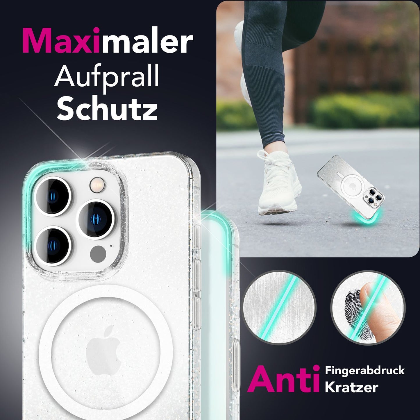 NALIA Starlite für iPhone 16 Pro Hülle [für MagSafe], Transparentes Glitzer Case, Integrierter Magnetring, Funkelndes Design, Stabile Rückseite & TPU-Rahmen, Klare Glitzerhülle
