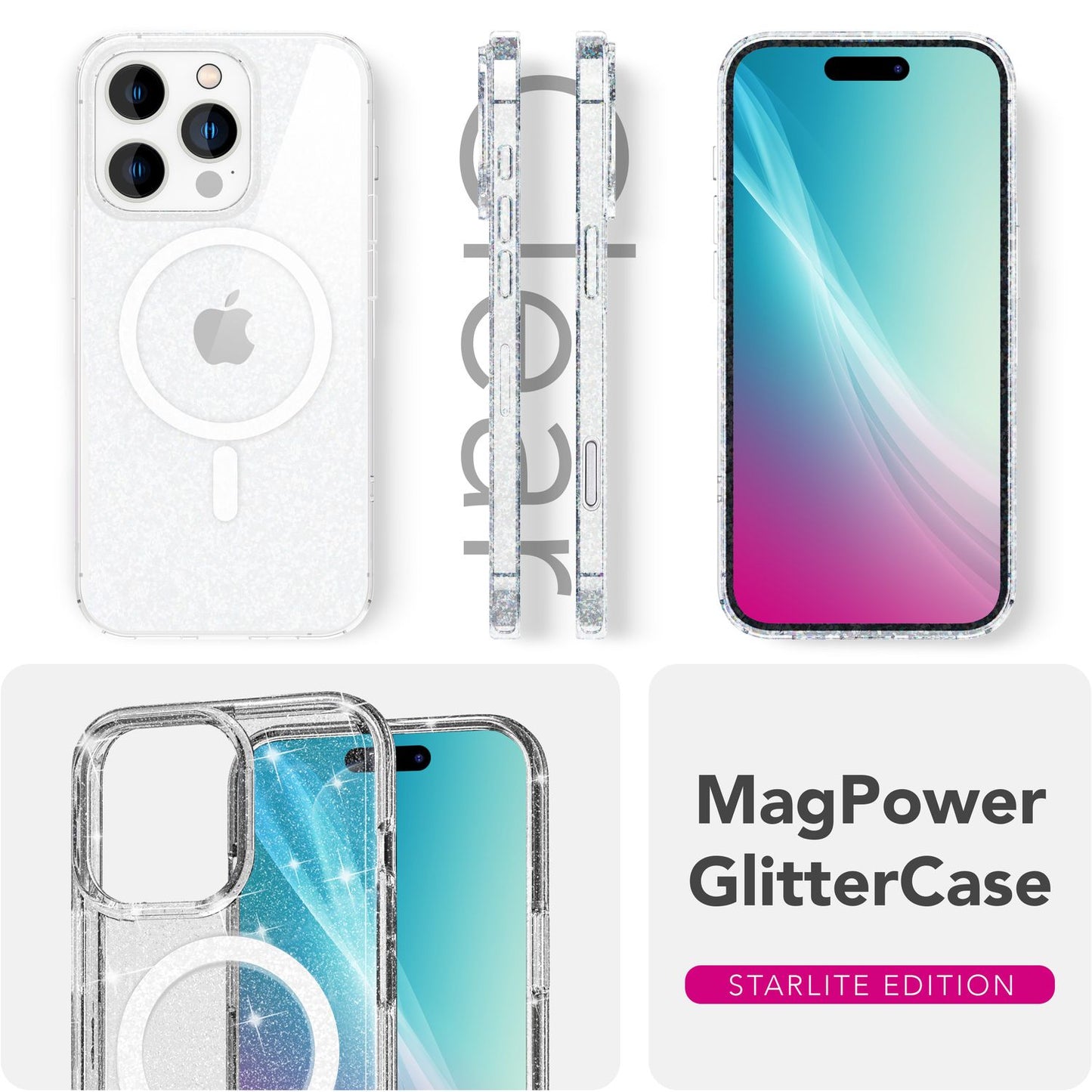 NALIA Starlite für iPhone 16 Pro Hülle [für MagSafe], Transparentes Glitzer Case, Integrierter Magnetring, Funkelndes Design, Stabile Rückseite & TPU-Rahmen, Klare Glitzerhülle